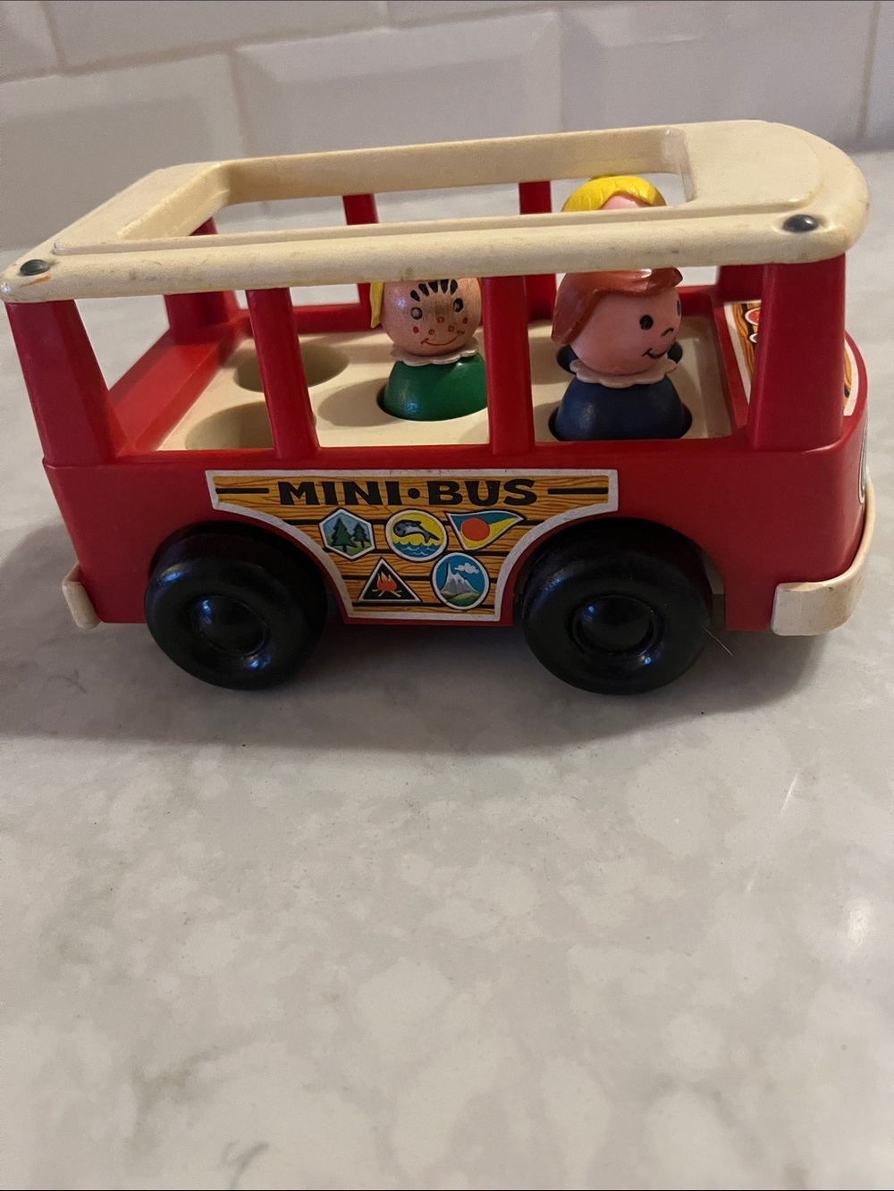 Vintage Fisher Price Little People Mini Bus 1969 with three wooden people
